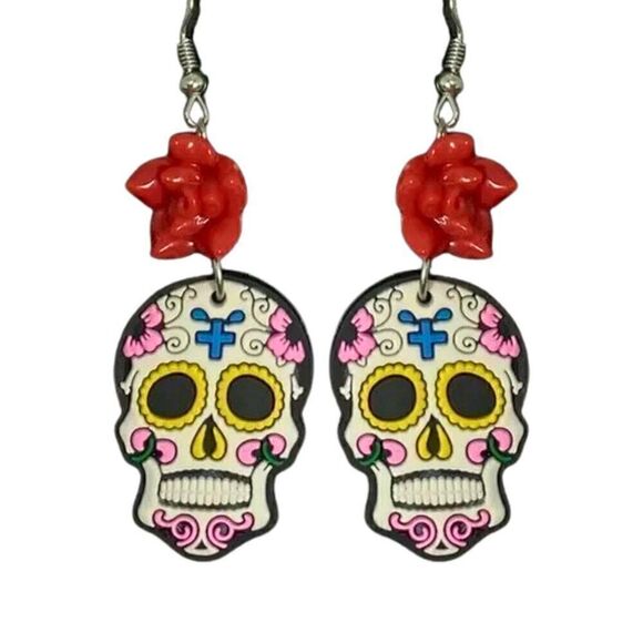 NEW White Day of the Dead Sugar Skull Drop Earrings - Picture 1 of 8